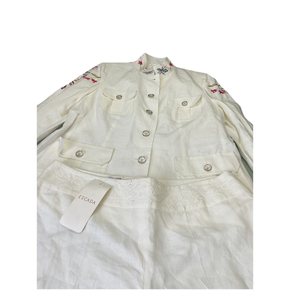 ESCADA 2PC Linen Set Long Safari Jacket + Pants Ivory White Embroidered EU 42 -L - Picture 12 of 16